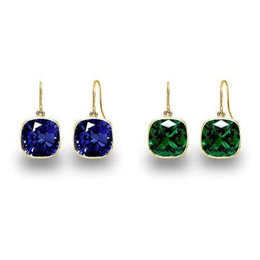 5.00 CTW Lab Grown Sapphire and Emerald Cushion Cut Drop Earrings Set - 14K Gold (2 Pairs)